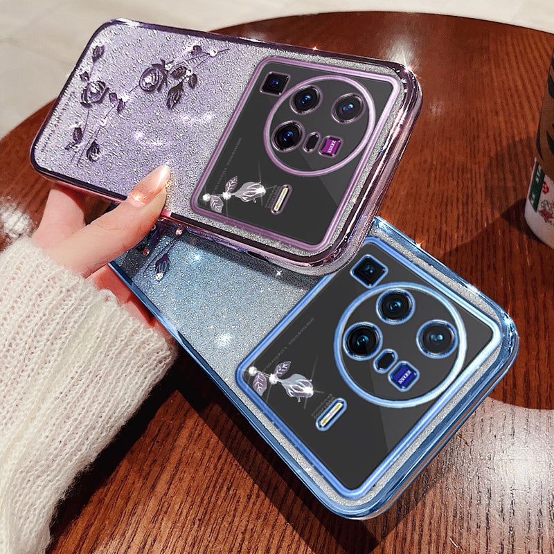 For vivo X80 Pro 5G Gradient Glitter Powder TPU Protective Cover Stylish Rhinestone Decor Flower Pattern Phone Back Case For vivo X80 Pro 5G Gradient Glitter Powder TPU Protective Cover Stylish Rhinestone Decor Flower Pattern Phone Back Case